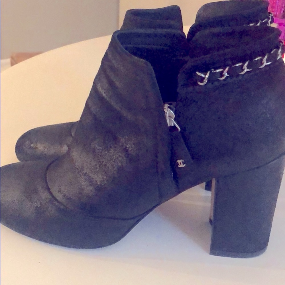 CHANEL Black chunky heel booties worn size10.5